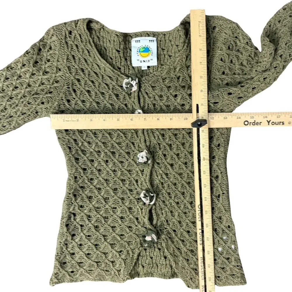 UNIF Olive Green Crochet Open Knit Rose Flower Snap Front Cardigan Sweater sz S - Picture 5 of 11